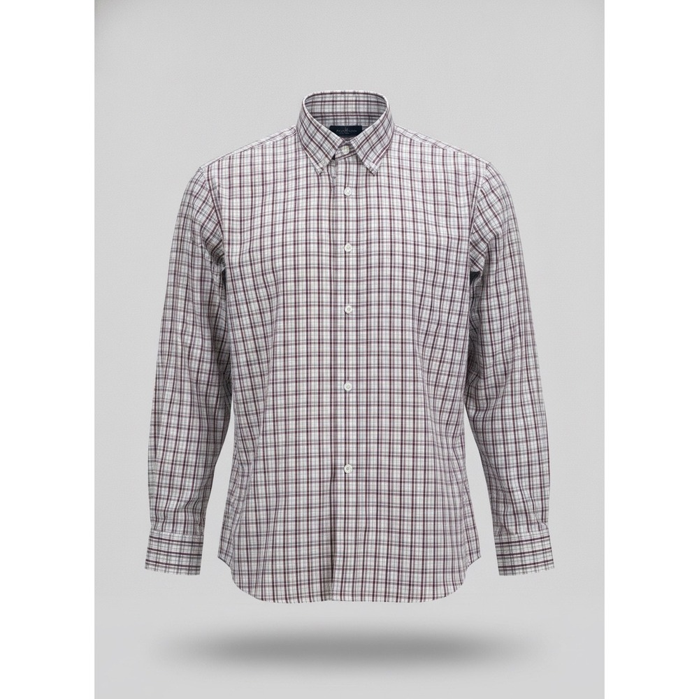 Duluth Trading Mens Plaid Button Down Shirt Burgundy green White Long Sleeve XLT